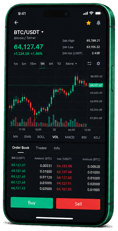Plataforma de trading Seguro Tradex GPT no celular — gráfico BTC/USDT ao vivo, livro de ofertas e interface de compra e venda
